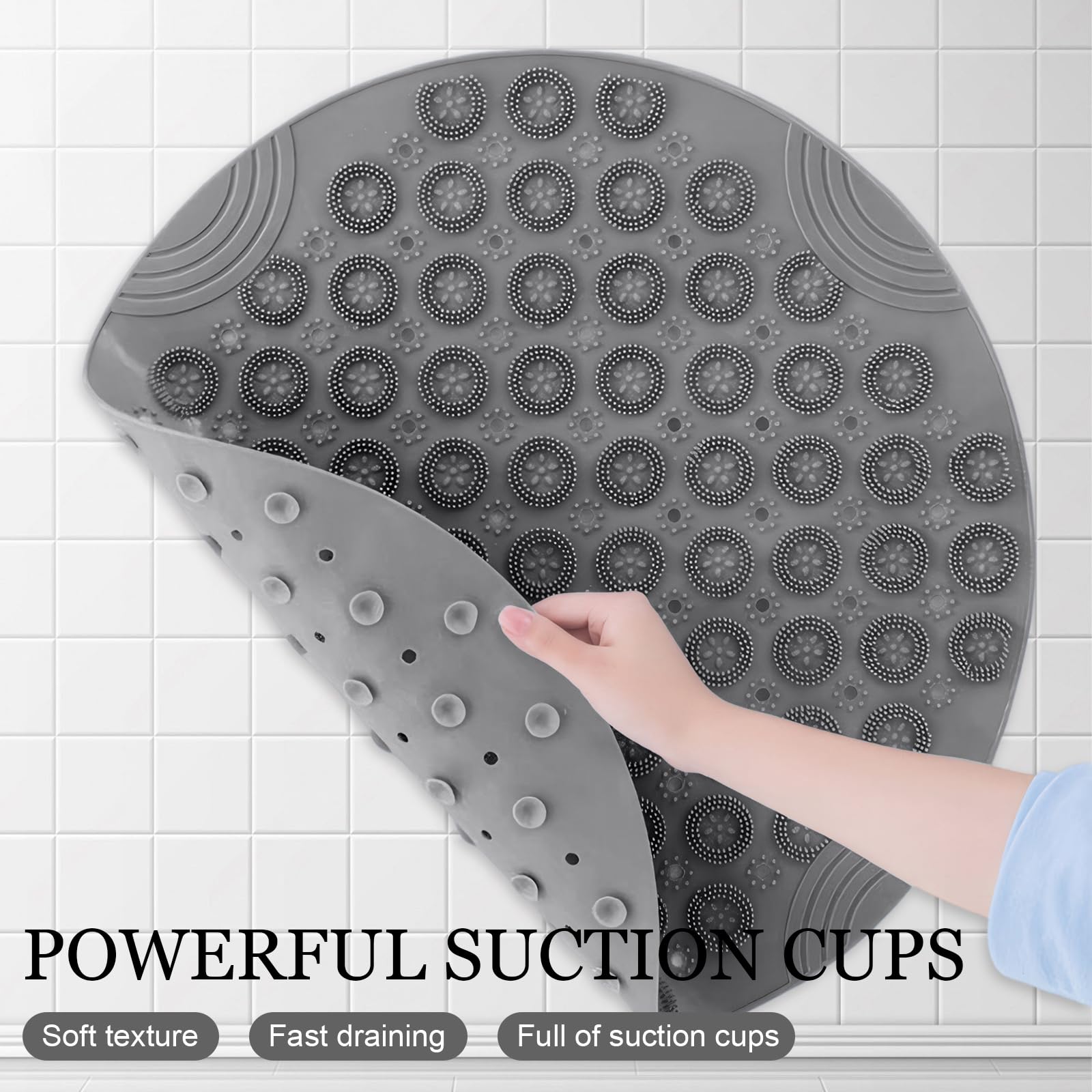 Tapis De Douche Antidérapant Rond 55cm Gris - Ventouses Puissantes, Massage Pieds, Lavable En Machine