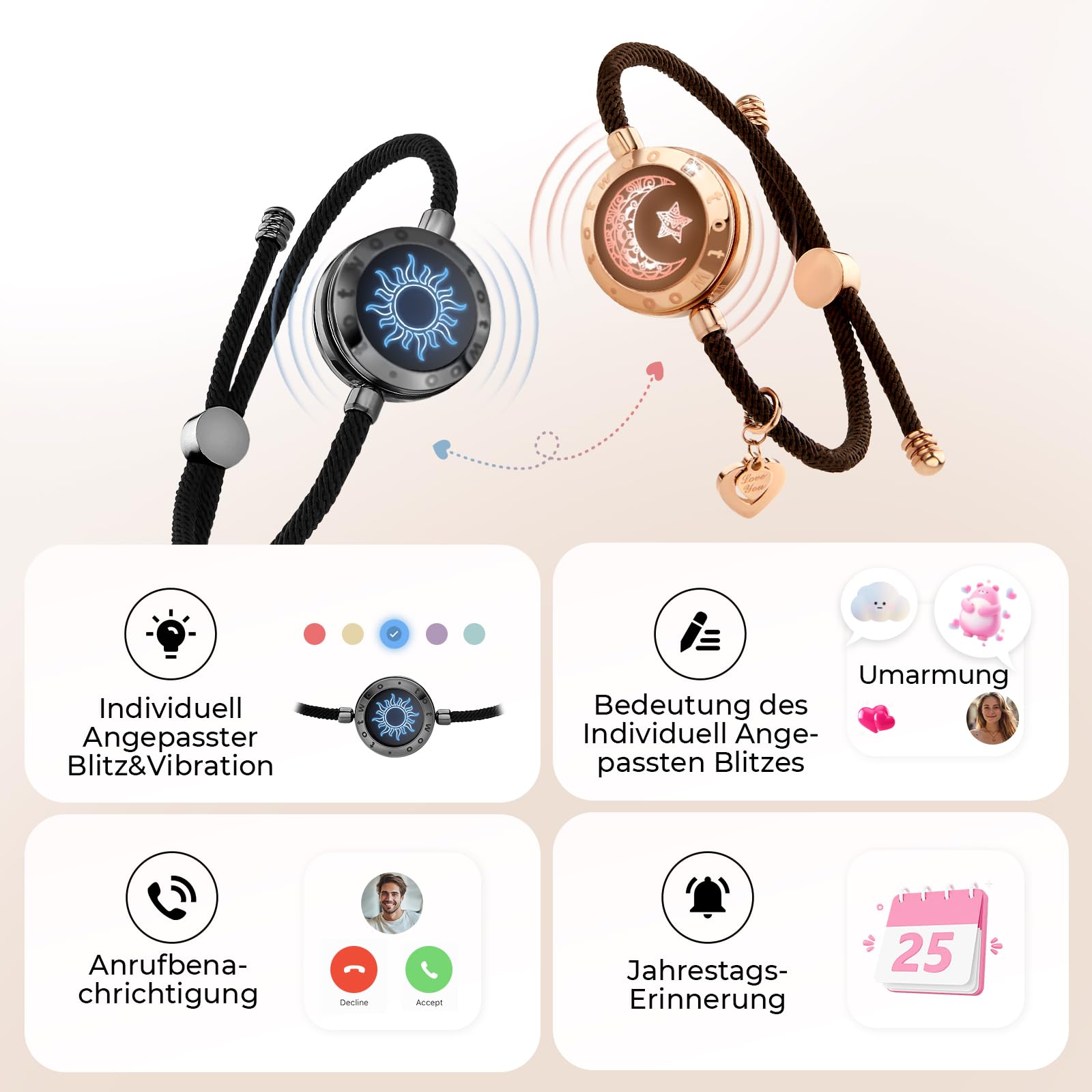 TOTWOO Bracciali per Coppie con Collegamento Bluetooth Uno a Uno tramite App, Luci e Vibrazione al Tocco – Regalo Romantico per San Valentino e Relazioni a Distanza in Acciaio Inossidabile 316L