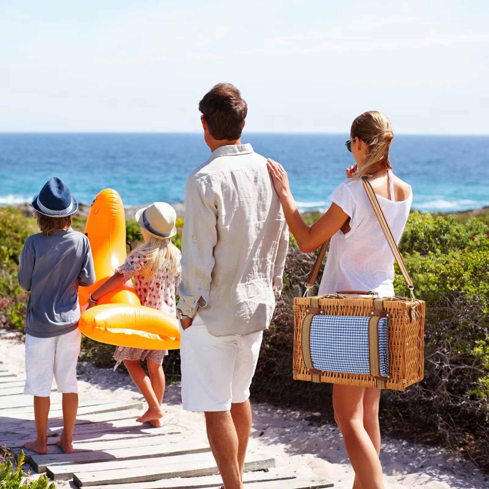 Juego de picnic de mimbre para 2 personas con compartimento enfriador y manta impermeable, correa extraíble, cubiertos, camping, viajes, playa