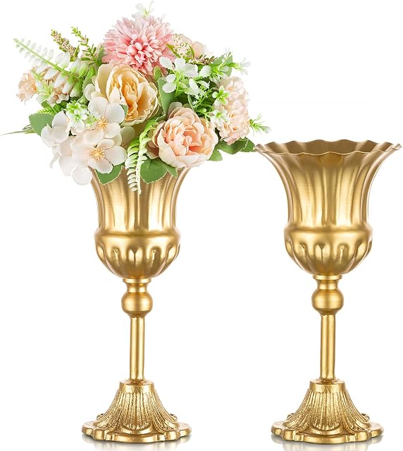 Sziqiqi Gold Cast Iron Vases for Flowers - 2Pcs Vintage Flower Arrangement Pots for Wedding Table Centerpiece, Shabby Chic Metal Trumpet Planter Urn for Anniversary Party Birthday Decoration, 24cm