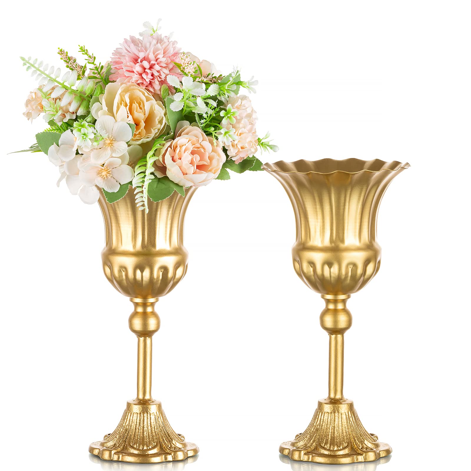 Sziqiqi Metal Vases for Wedding Centerpieces Decoration 2Pcs 9.4In Gold Cast Iron Urn Planter for Artfical Silk Flower Arrangement Pot Planters Living Room Home Party Reception Ceremony Decor