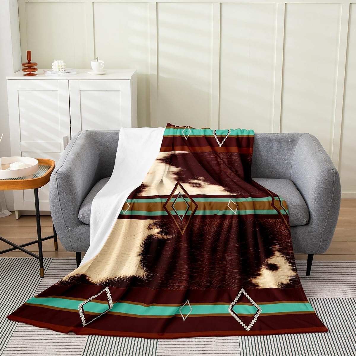 Feelyou Cow Fur All Season,Bed Blanket Plush Throw Blanket, Cowhide Geometric Flannel Fleece Blanket for Sofa Couch Bedroom Decor Farmhouse Western Farm Animal Skin Twin 60"x80"