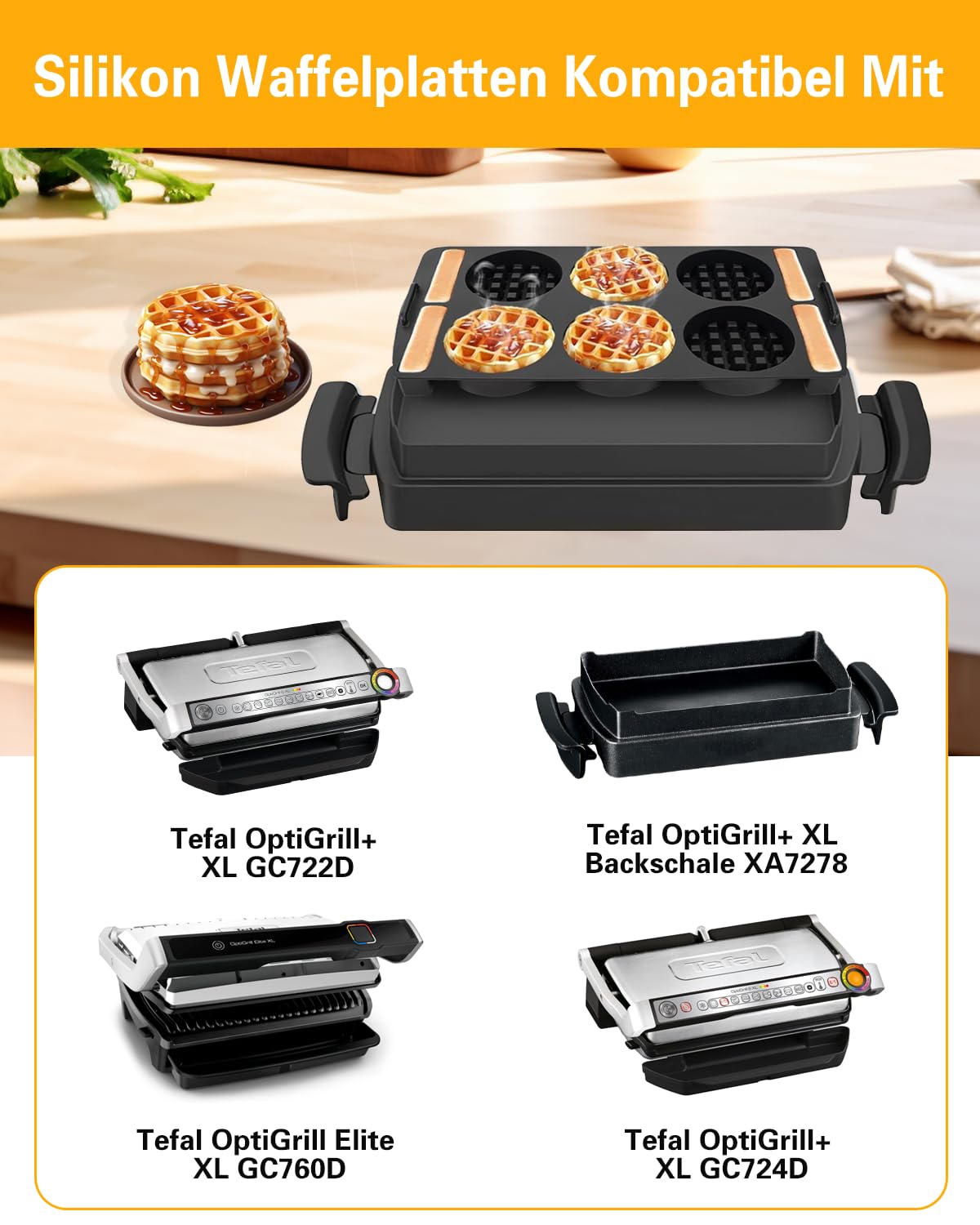 Plaques à gaufres en silicone compatibles avec Tefal OptiGrill XL, Elite XL, OptiGrill+ XL, OptiGrill Elite XL, moule à gaufres pour Tefal Optigrill, insert de bac de cuisson en silicone, gaufres