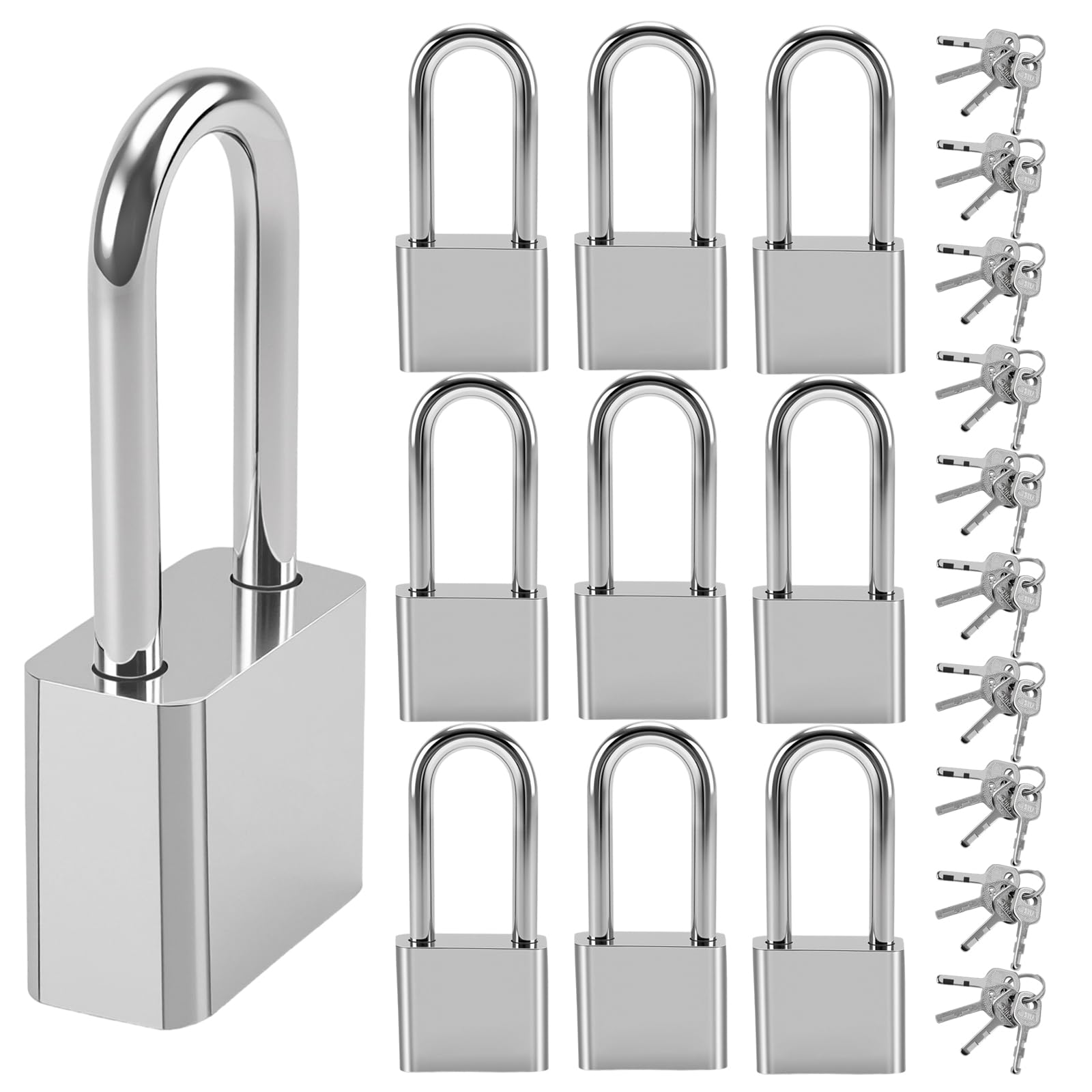MOUYAT 10PCS Padlocks with Keys, Long Shackle Padlocks, Steel Outdoor Locks for Shed, Gym, Fence, Gate, Garage