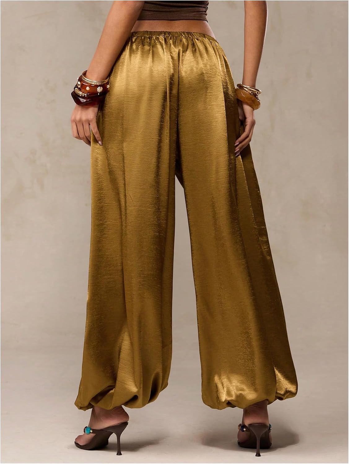 MakeMeChic Women's Satin Harem Palazzo Pants Flowy Balloon Barrel Pants Resort Wear