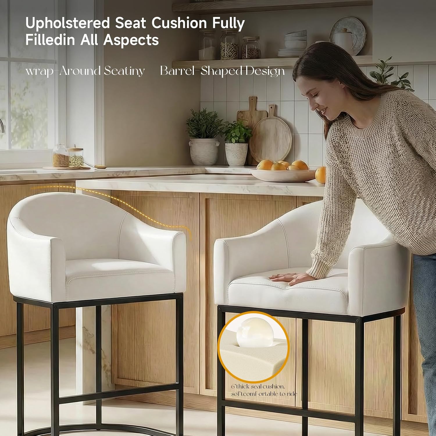 26" H Counter Height Bar Stools Barrel Barstools with Backrest and Arms White Faux Leather Upholstered Stools for Kitchen Island Modern Metal Legs Base Barstools Classic Thick Seats Bar Chairs