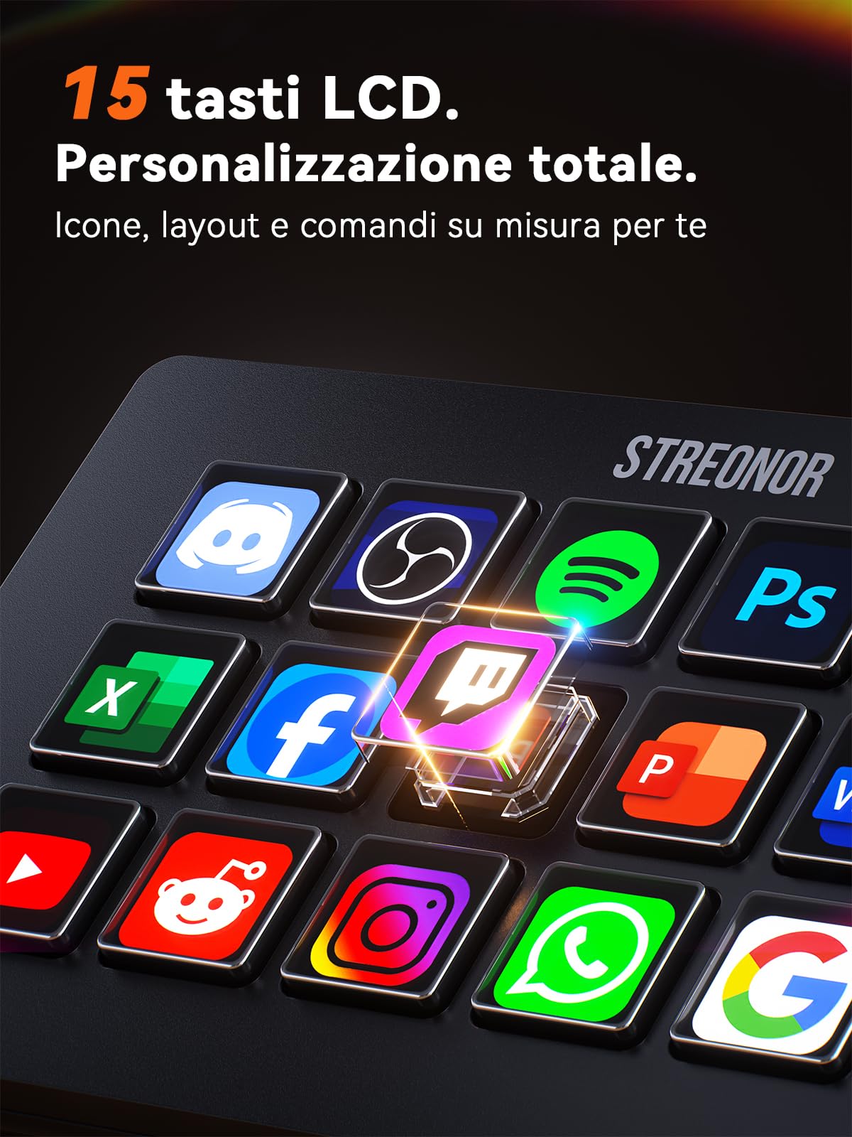 STREONOR Stream Control Deck Standard S15 con 15 tasti e display info | Stream Controller per OBS, Twitch, Discord, ecc., ideale per streaming, editing video e gaming, Mac/Windows-Nero