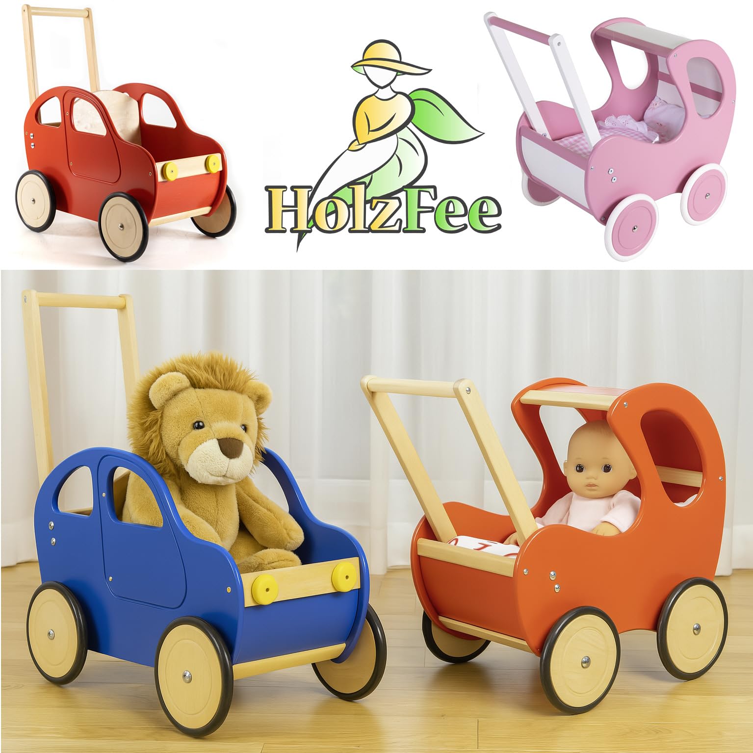 Lauflernwagen Holz Auto Baby Laufwagen Griff höhenverstellbar Farbe Auswahl (Blau)