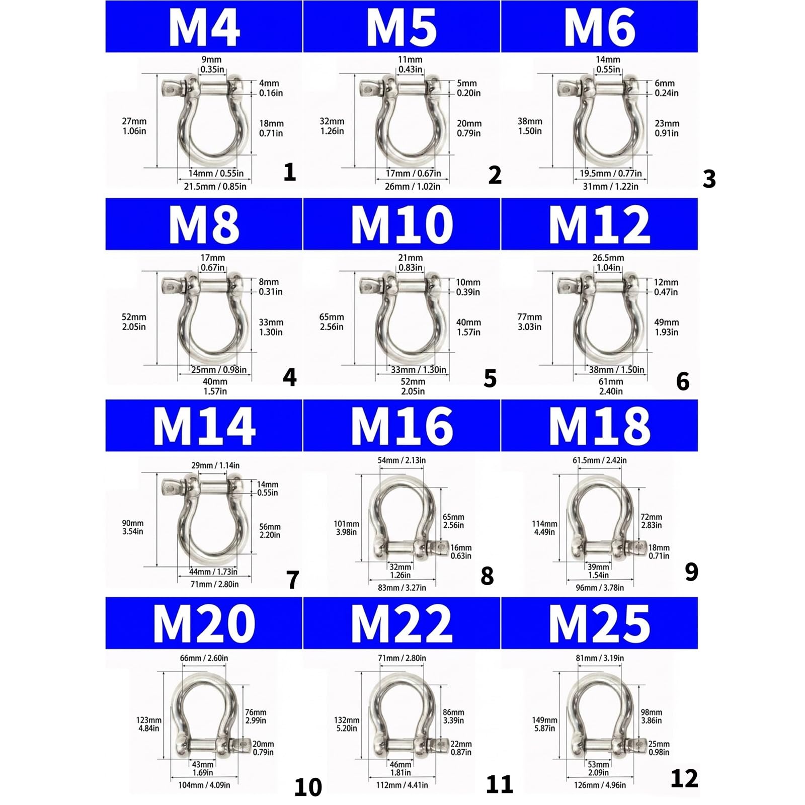 Grillete de aparejo de barco de acero inoxidable 304 con tornillo de perno de tornillo, hardware para exteriores de 4 mm -M38 para amarre de remolque y tareas de utilidad al aire libre, ajuste de