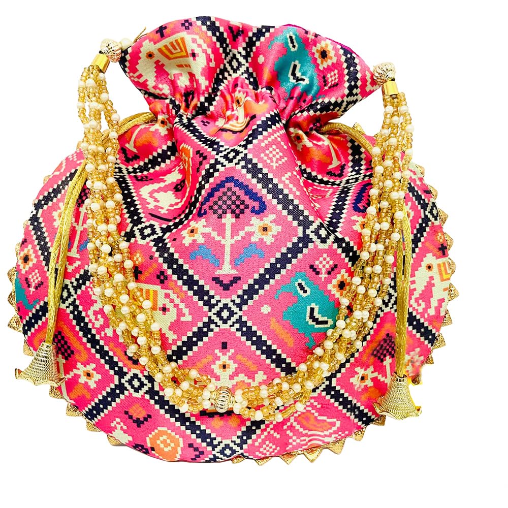 BYRA digital Patola print Gotta Lace Potli Bag with Pearl Handle (Pink) (B0CW3GWNC3) Amazon Price History, Amazon Price Tracker