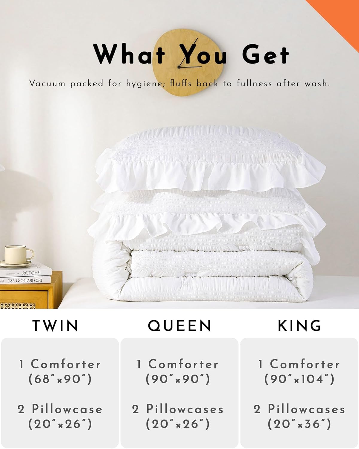 ALEISSEL White Comforter Set Queen Size Seersucker Design with Ruffled Edges, Soft Bedding Set Queen Size 3 Pcs, Down Alternative Light Weight Comforter Set (White,90"x90")