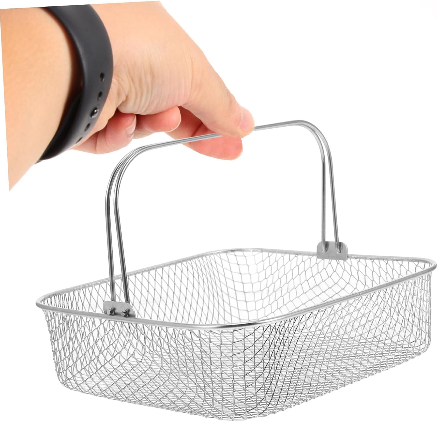 Hand holding the Zerodeko Square Air Fryer Basket by its handle