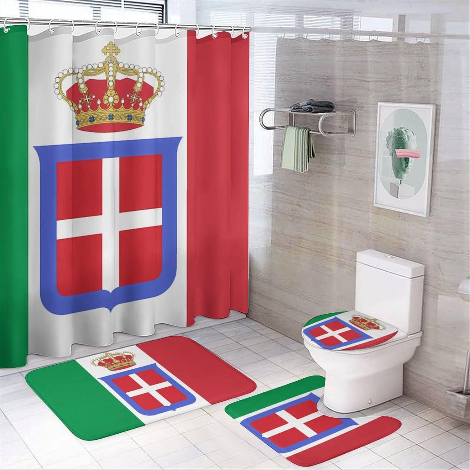 Flag of Italy (1861-1946) Crowned Bathroom Sets with Shower Curtain and Rugs 4 Piece with U-Shaped Floor Mat Toilet Lid Cover