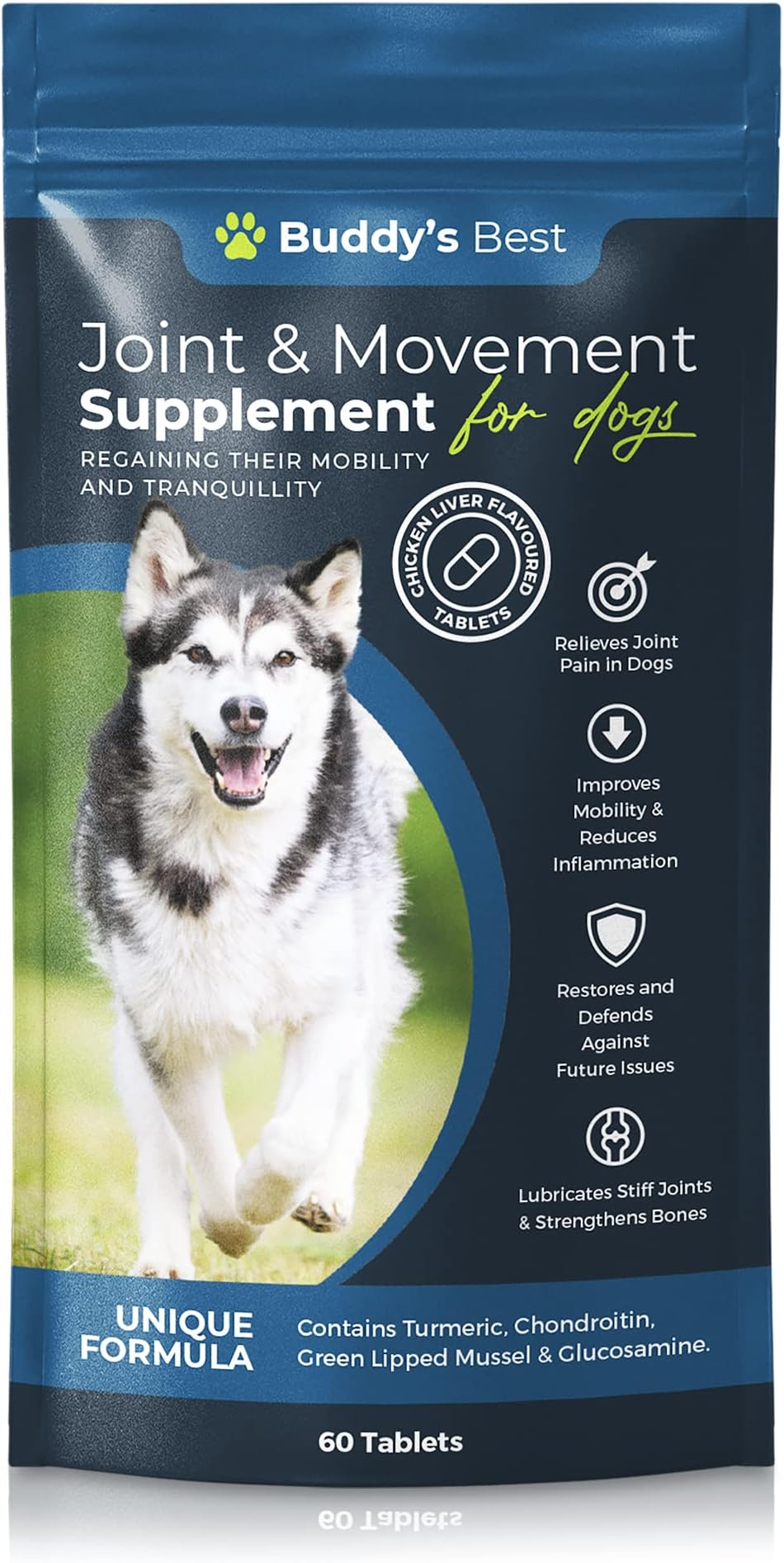 BUDDY'S BEST Joint Care Supplement | 60 Tablets Dog Joint Supplements for Senior Dogs | Chicken Flavoured Glucosamine and Chondroitin Joint Aid for Dogs | Helps Improve Mobility, Reduce Stiffness