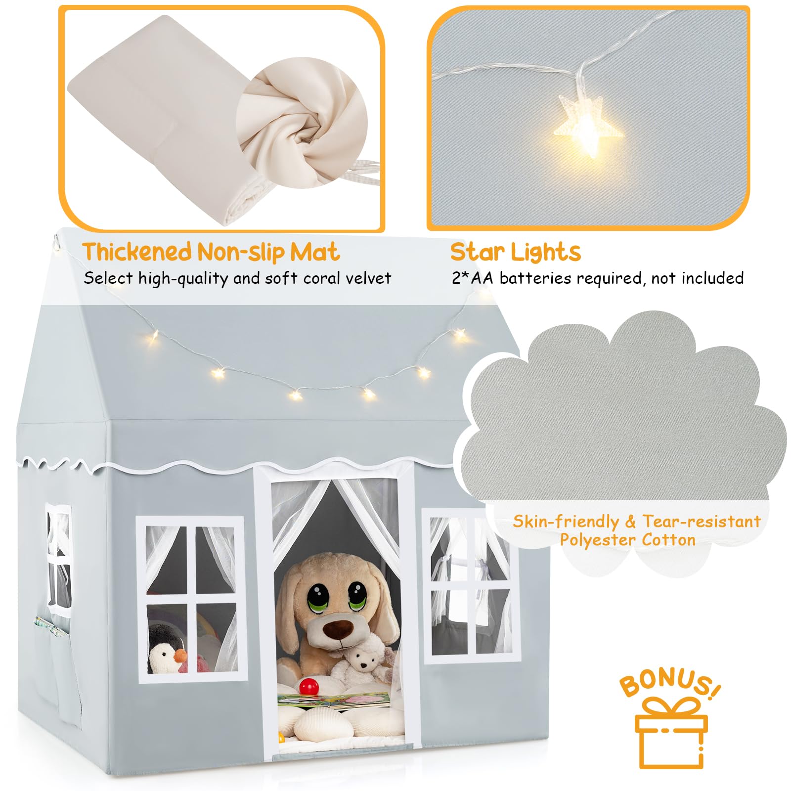 HOMASIS Kinderzelt Baumwolle, Kinder Spielhaus mit Sternenlichtern, Tragetasche & Vorhang, Spielzelt Prinzessin für Jungen & Mädchen, Indoor Kinderspielzelt Kinderspielhaus (Grey, ohne Matte)