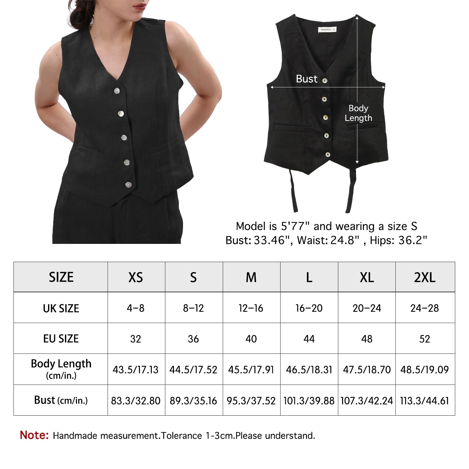 Amazhiyu Gilet da donna, in lino, senza maniche, con scollo a V, corto, abbottonatura, vestibilità stretta, allacciatura sulla schiena