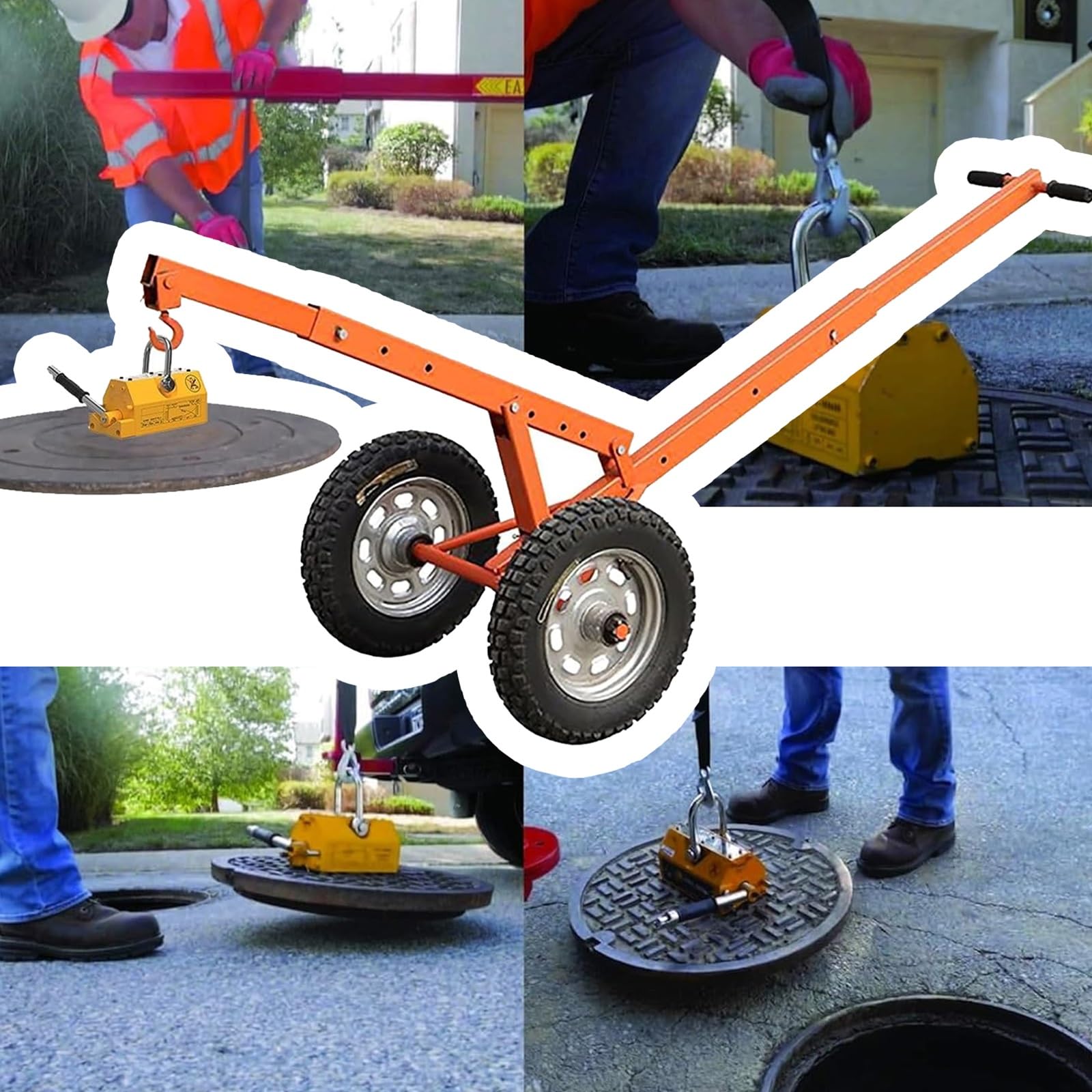 Magnetyczny wózek do podnoszenia włazów z 2 kółkami, ergonomiczny uchwyt, nośność 400 kg, wysokość podnoszenia 40 cm, idealny do wydajnej i bezpiecznej obsługi pokrywy