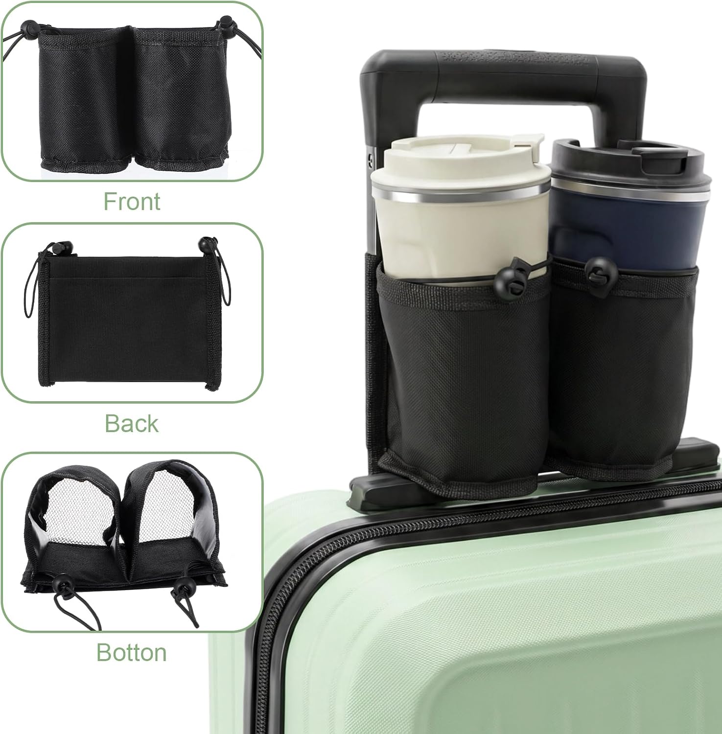 Luggage Travel Cup Holder Luggage Cup Holder for Suitcases Adjustable Free Hand Drink Carrier Hold Two Coffee Mugs Fits Roll on Suitcase Handles Gifts for Flight Attendants Travel Accessories, Black