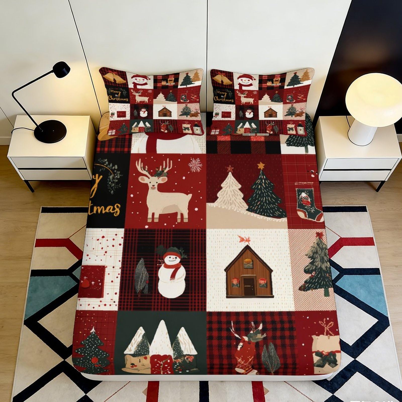 3D Printed Christmas Patchwork Fitted Sheet Microfiber Red Green Snowman Bed Cover for Bedroom Dorm Decoration 90x200x25cm