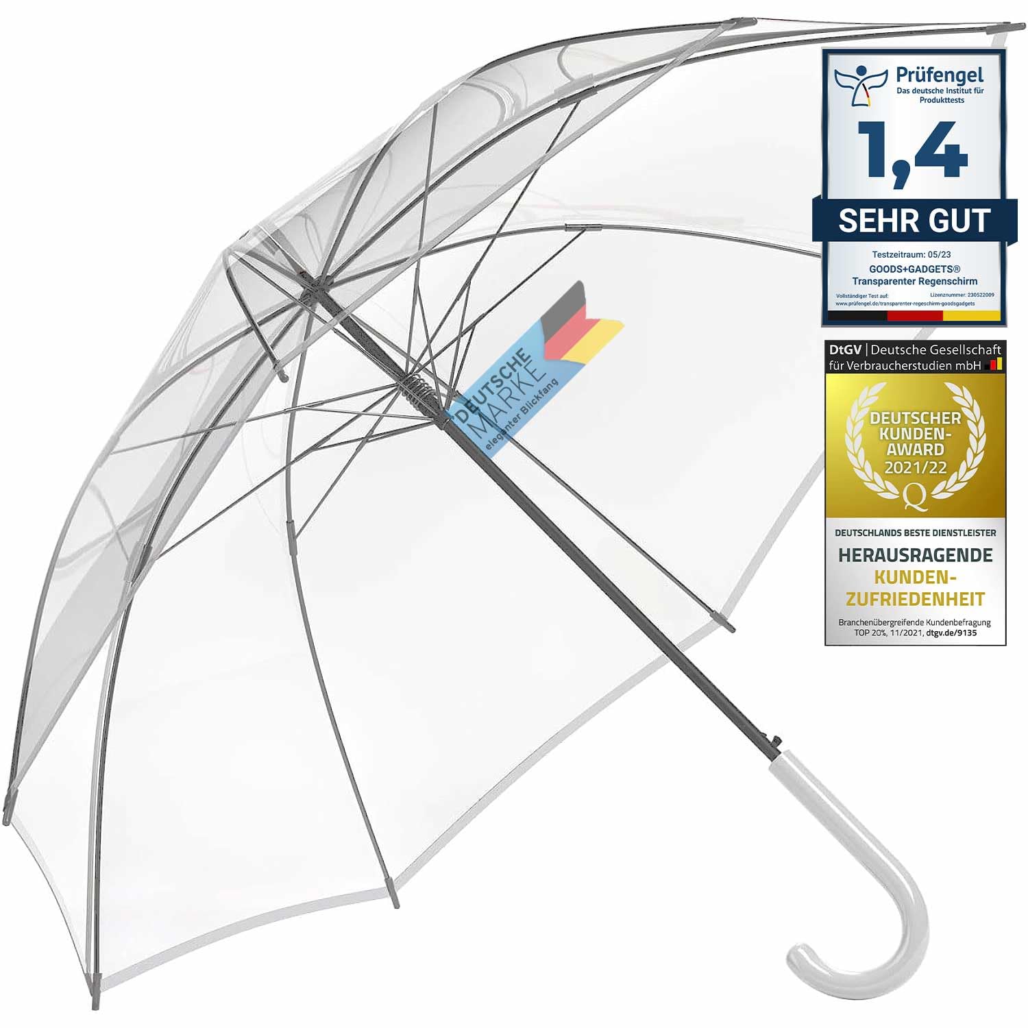 GOODS+GADGETS Durchsichtiger Regenschirm transparent, weißer Stockschirm Ø 130 cm; Eleganter Regenschirm in transparent - Das Fashion-Highlight