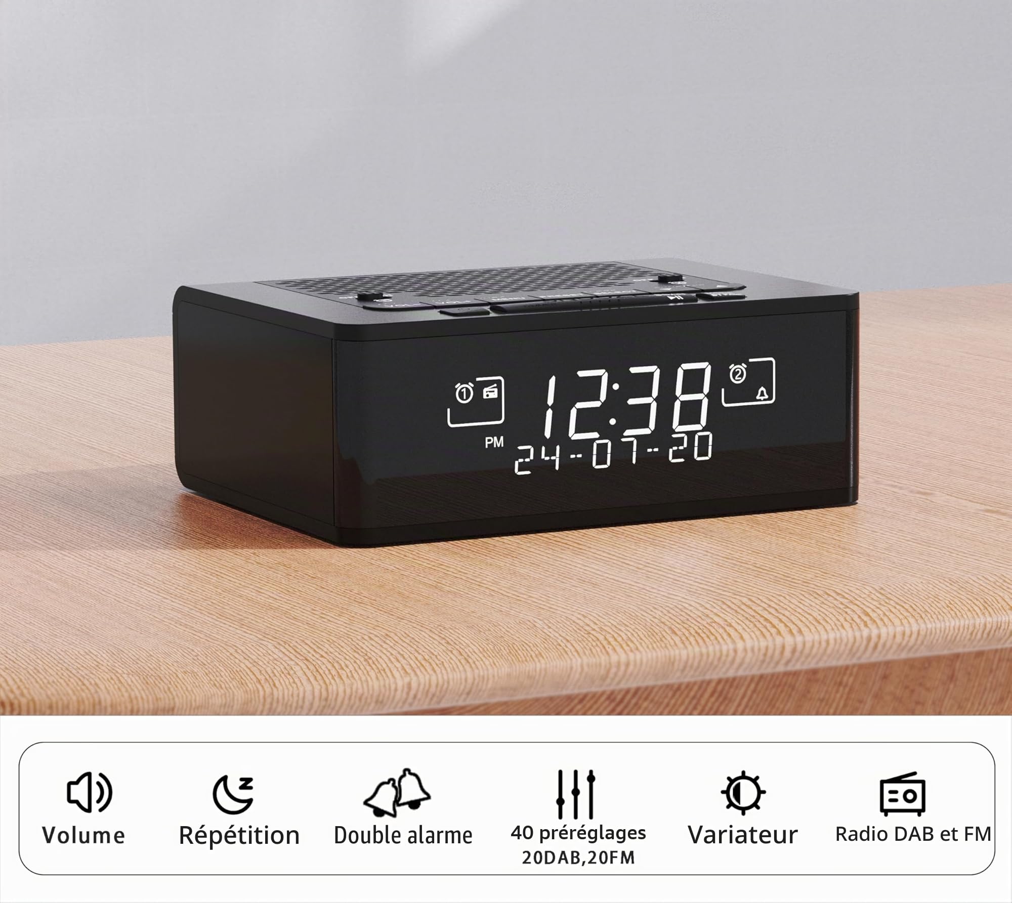 iTOMA Réveil Radio Dab et FM avec 40 Stations préréglées, écran LCD dimmable, Double réveil avec Bouton on/Off, Snooze, Bluetooth 525