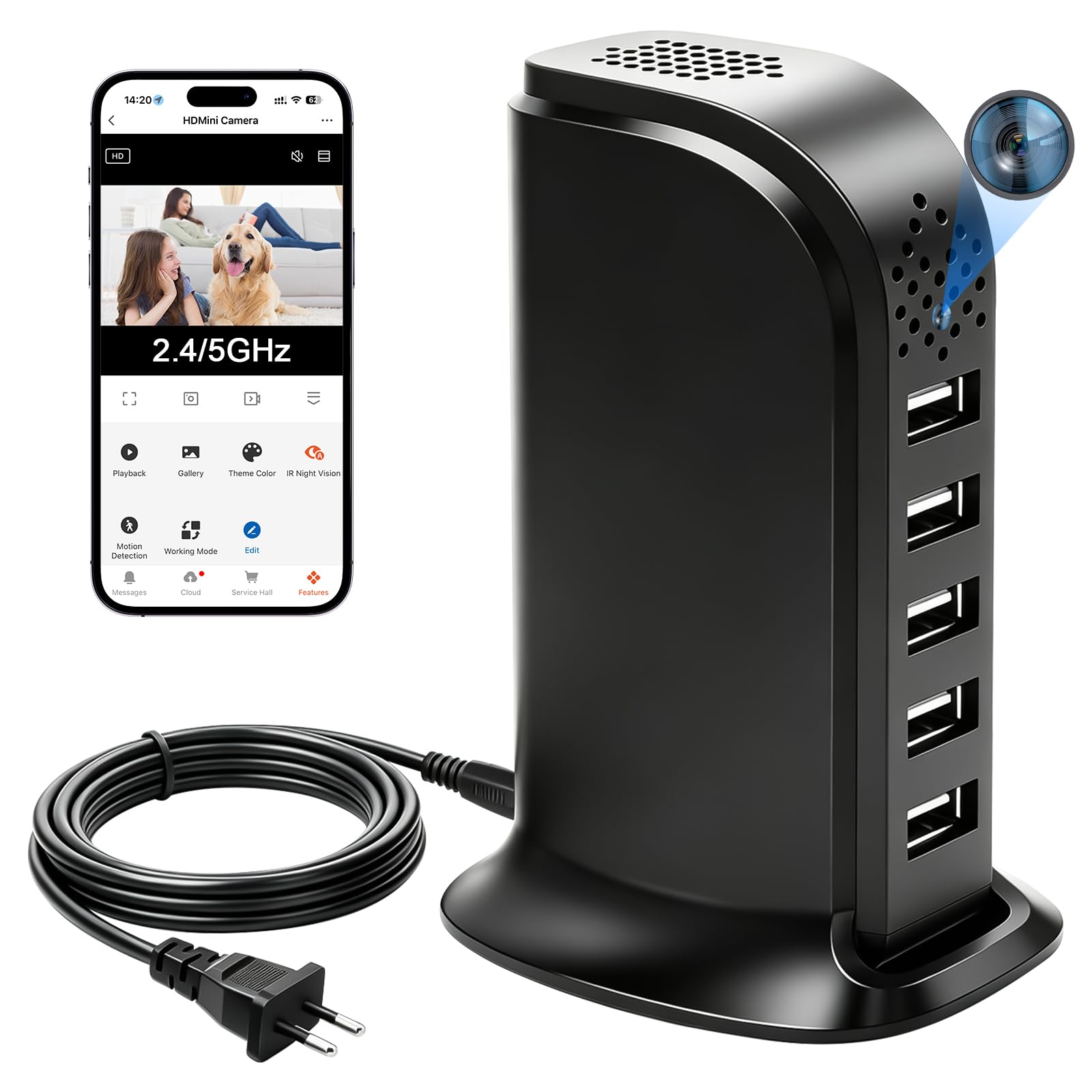 Ukryta kamera Wi-Fi 5G, 5-portowa ładowarka USB z ukrytą kamerą, mini kamera szpiegowska Wi-Fi HD 1080P, ukryta mini kamera WiFi USB z wykrywaniem ruchu i nagrywaniem w pętli