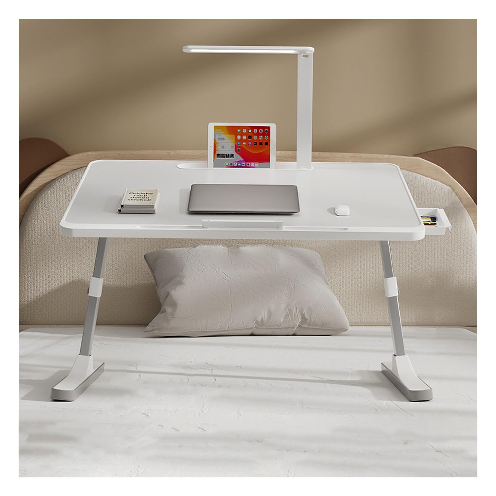 Biurko na laptopa, niski stolik do łóżka, składany stolik do laptopa, składany i stołowy, biurko z tacą na łóżko, małe z lampą biurkową, regulowana wysokość kąta. (szary, typ gniazda na karty) (biała