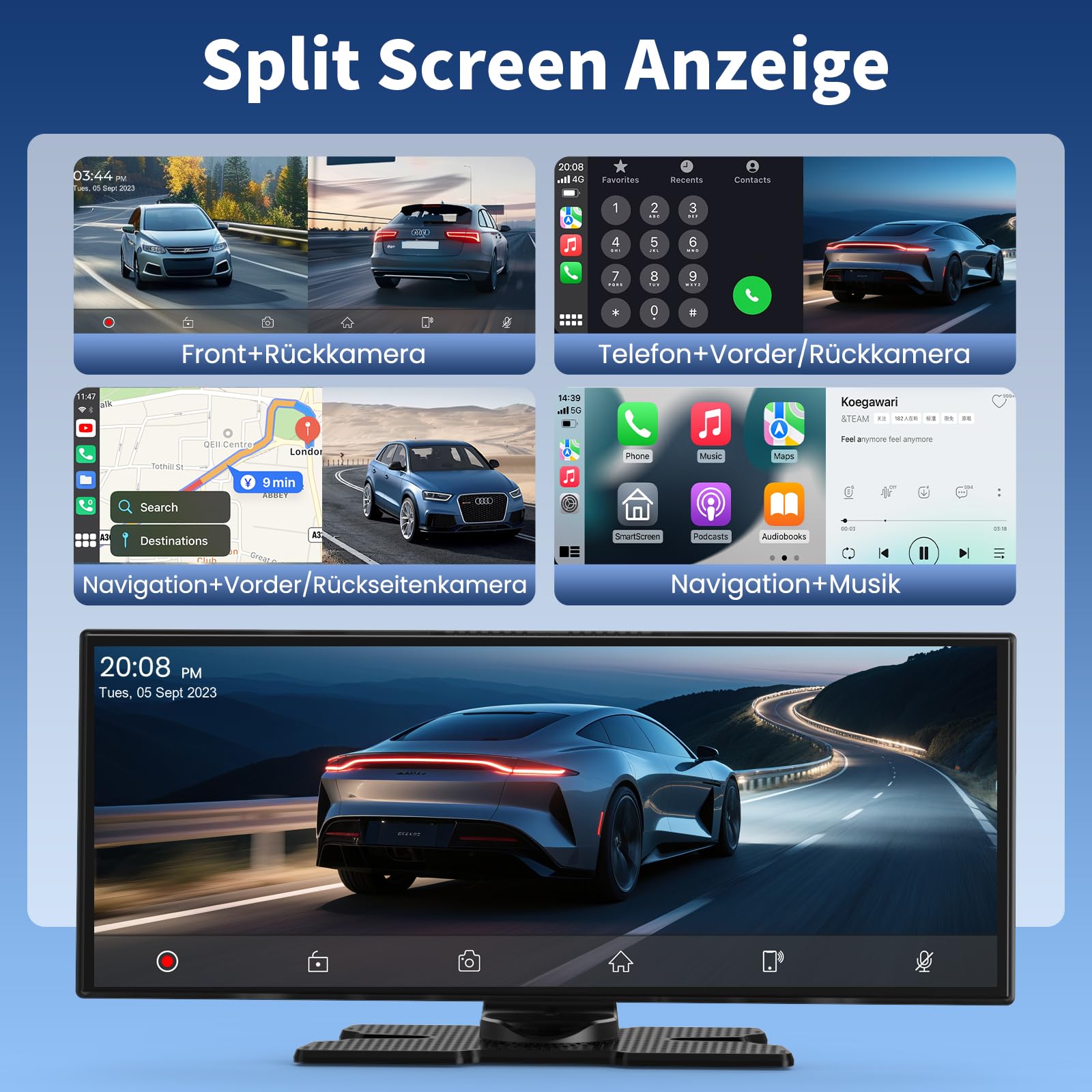 Alpinetech 10,26 Pollici Autoradio Portatile con Wireless Carplay Android Auto Touchscreen Monitor Anteriore Dashcam 4K e Telecamera Posteriore 1080P Bluetooth GPS Siri Mirror Link AUX FM 64G TF 7V-32