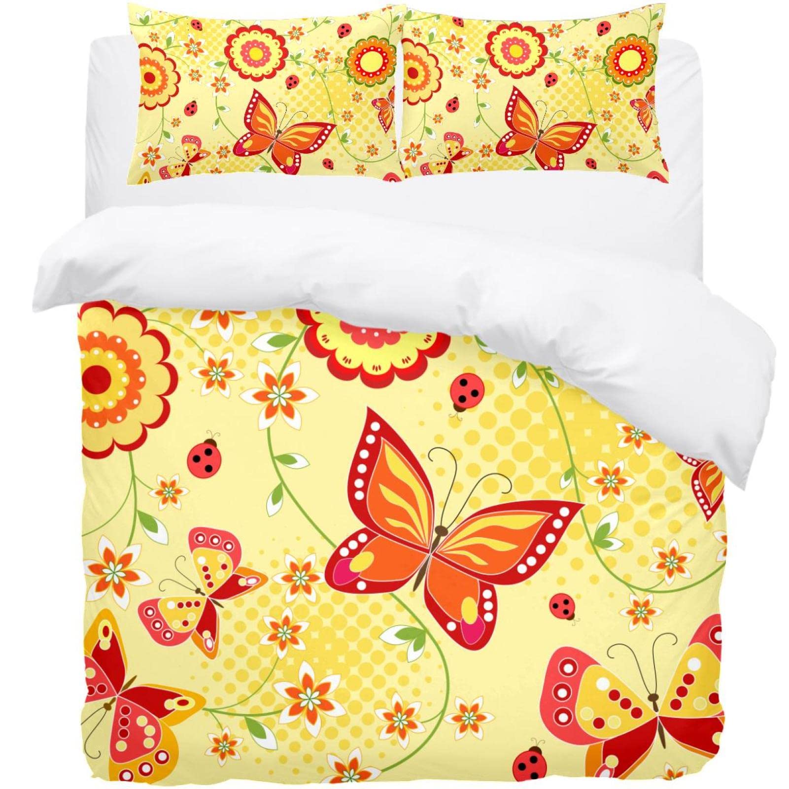Parure de lit ultra douce motif papillons jaune avec 2 taies d'oreiller