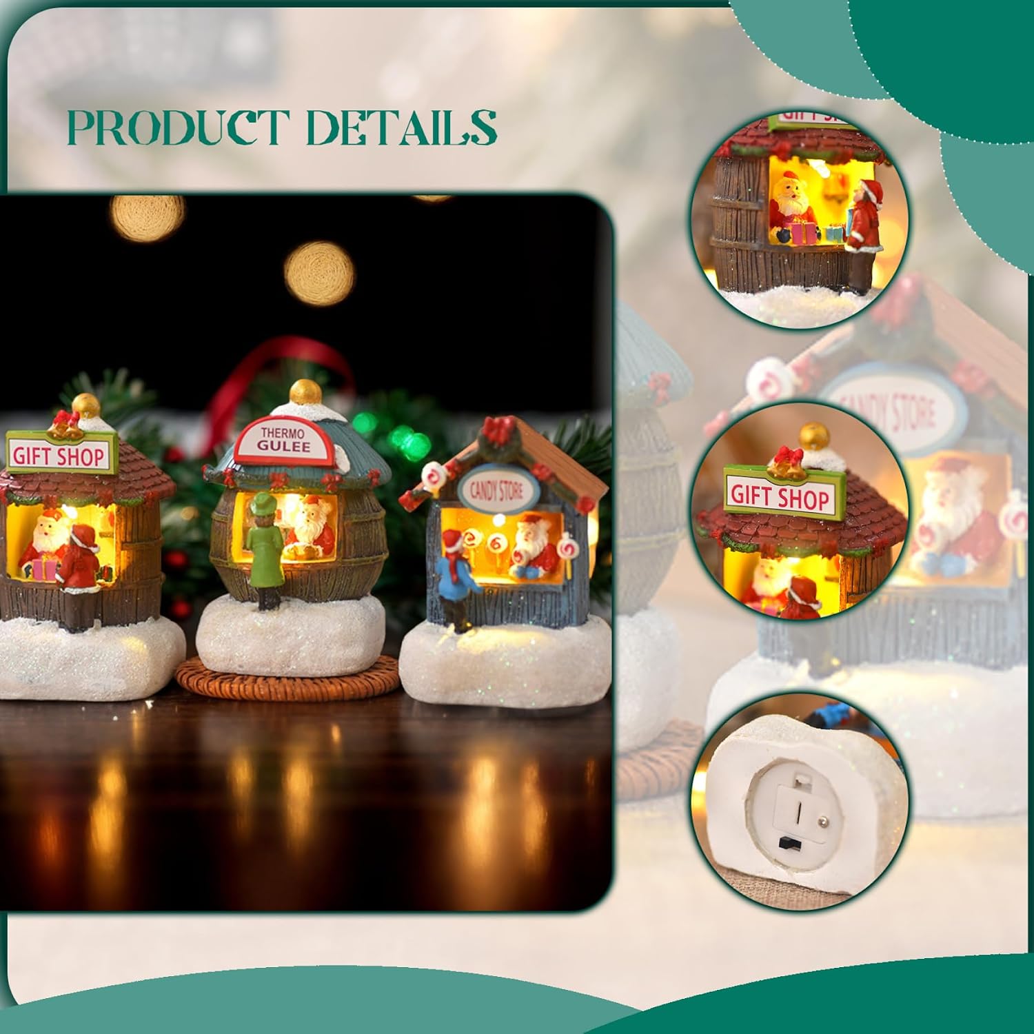 Christmas Village Sets, 3pcs 9.5cm Resin Light up Santa Stores with Thermo Gluee, Candy Store & Shop, Christmas Village Houses with LED Lights for Tabletop Home Decorations