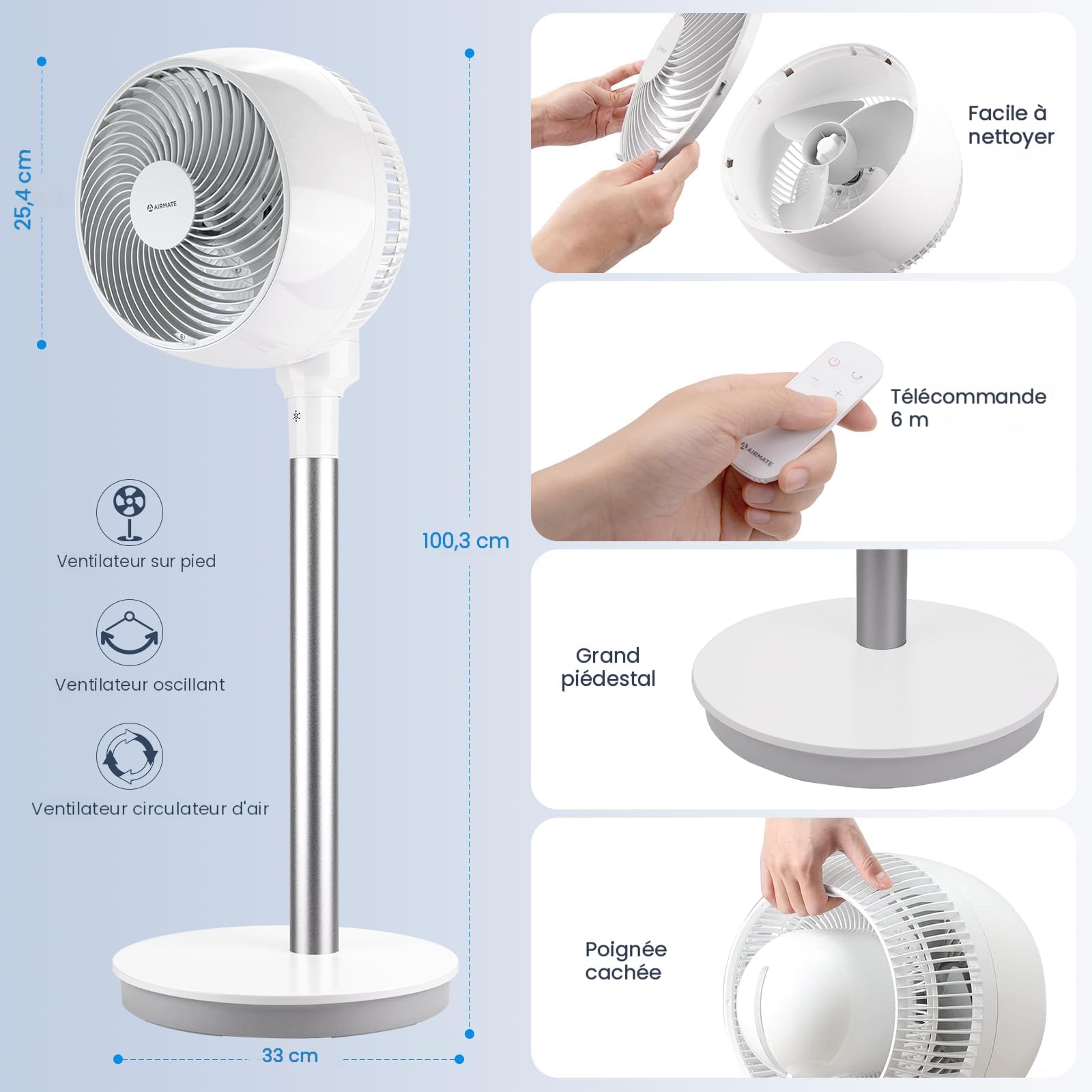 Ventilateur Colonne Airmate 12 Vitesses – Ultra Puissant 10 M/s, Silencieux, 3 Modes, Minuterie 12h, Télécommande, Écran LED – Gris Foncé