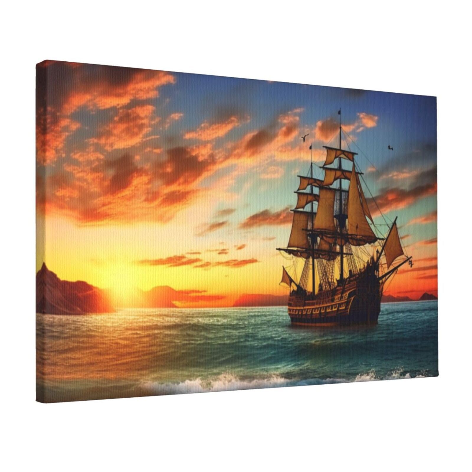 Canvas Wall Art for Living Room Wall Decor 12"x18" Modern Artwork Painting Pictures Hanging Canvas Prints pirate ship in the sunset Aesthetic Wall Art for Bedroom Bathroom Office Wallart Decor