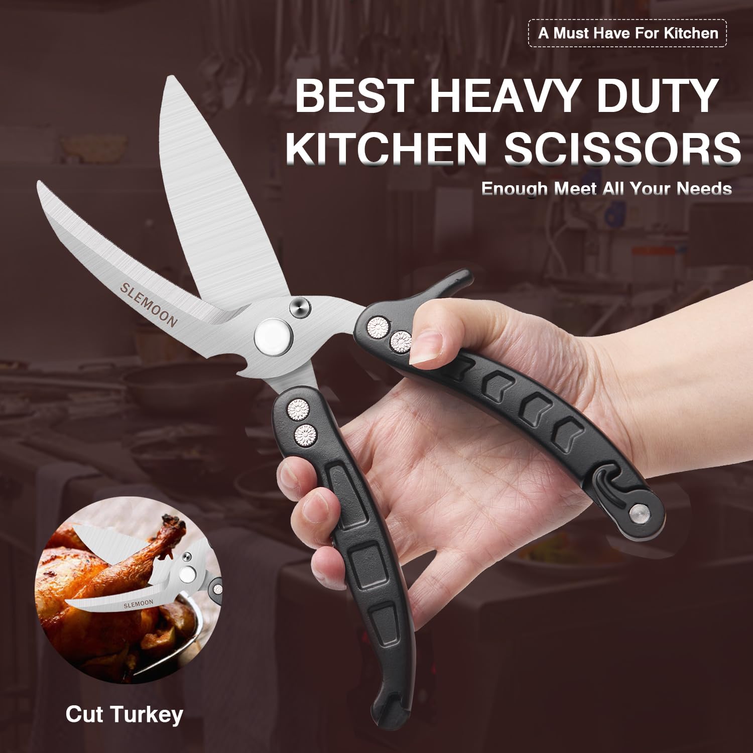 Tijeras de cocina, tijeras de cocina resistentes con borde dentado, desmontables como cuchilla, multiusos de acero inoxidable, afiladas para alimentos, para pollo, aves, peces, hierbas, color negro