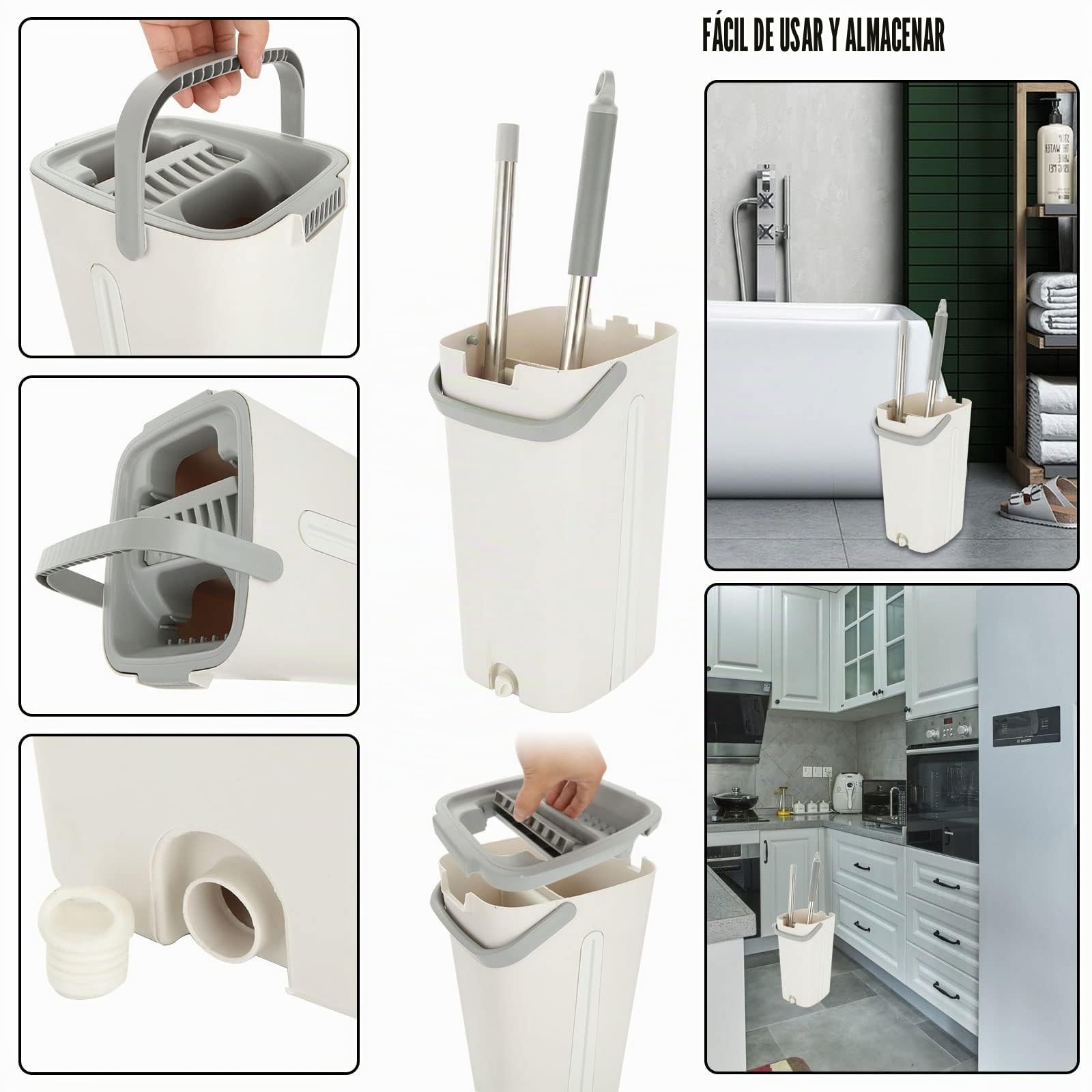 ASelected Juego de fregona Plana y Cubo, mopa Manos Libres con 10 Almohadillas de Microfibra Reutilizables y Mango de Acero Inoxidable de 123 cm de Largo, mopa de Microfibra para Azulejos, mármol,