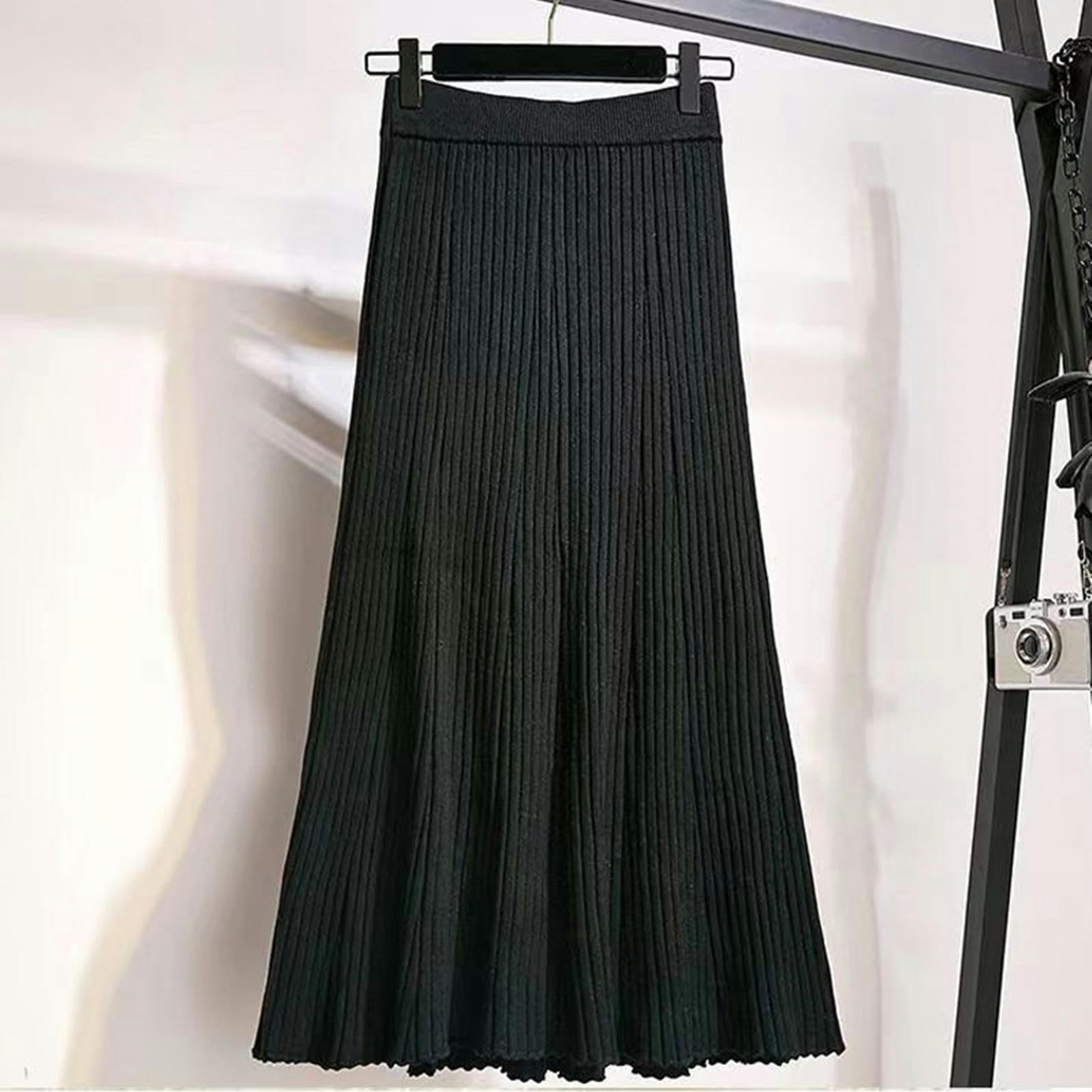 TEidea Falda Larga Mujer Falda Corta Femenina De Punto A En Otoño E Invierno, Falda Larga Plisada De Color Sólido, Falda Midi De Cintura Alta