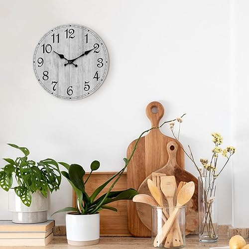 Miniatura 4 de HYLANDA Reloj de pared rústico, funciona con pilas, silencioso, sin tictac, relojes de madera redondos de campo, decoración de pared para cocina,