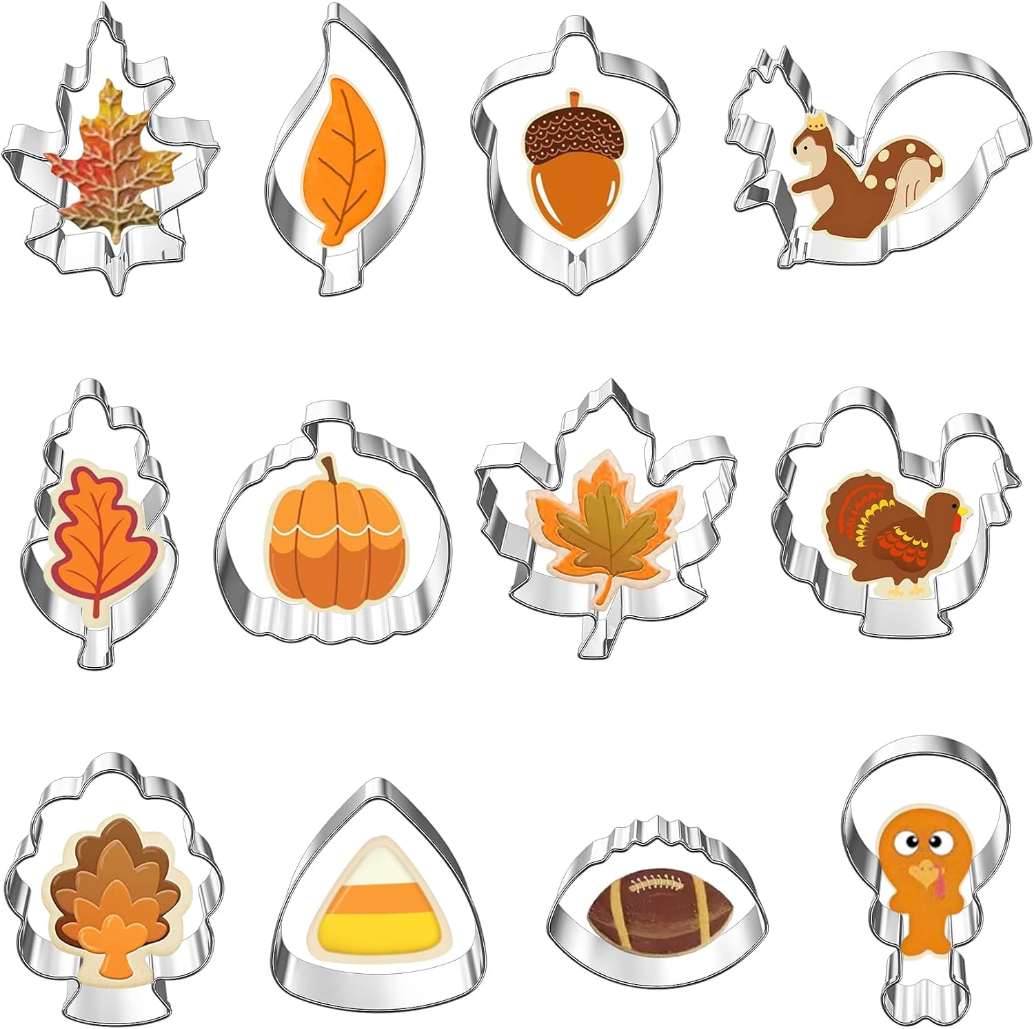 Hibery 12 Pcs Fall Cookie Cutters, Pumpkin Cookie Cutters Set, Holiday Maple Leaf Cookie Cutters for Baking, Thanksgiving Turkey, Pumpkin, Acorn, Oak Leaf, Squirrel