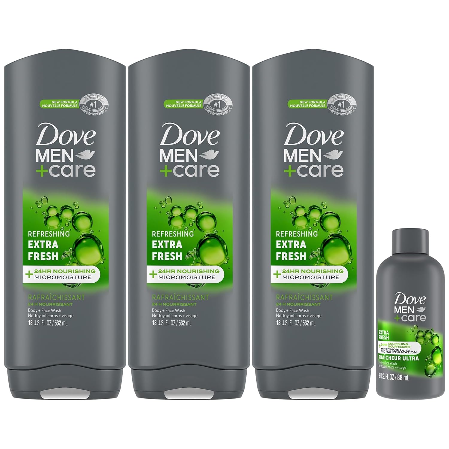 Dove Men+Care Body + Face Wash, Extra Fresh 3-Pack + Travel-Size, 24H Nourishing MicroMoisture