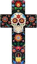 Jetec Day of the Dead Cross Wall Decor Mexican Floral Wooden Cross Skull Crucifix Table Centerpieces Sign for Día De Los Muertos Altar Decoration Halloween Home Decor, 15 x 8.5 Inch