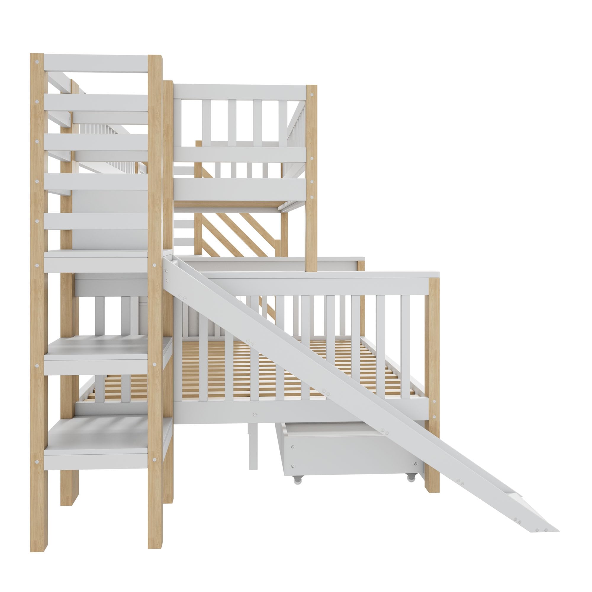 Etagenbett für 3 Kinder, Kinderbett mit Rutsche und Treppe, mit 2 Schubladen und 4 Aufbewahrungsschranken, 90x200cm+140x200cm, Funktionsbett Stockbett Jugendbett, Weiß+Natur, ohne Matratze