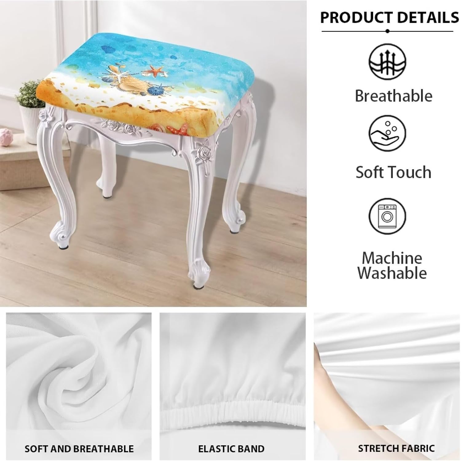 GLENLCWE Hawaiian Starfish Conch on Beach Vanity Stool Cover,4Piece Soft Saddle Bar Stool Slipcover Stretch Beach Seat Protector Rectangle Stool Slipcover Washable&Reusable