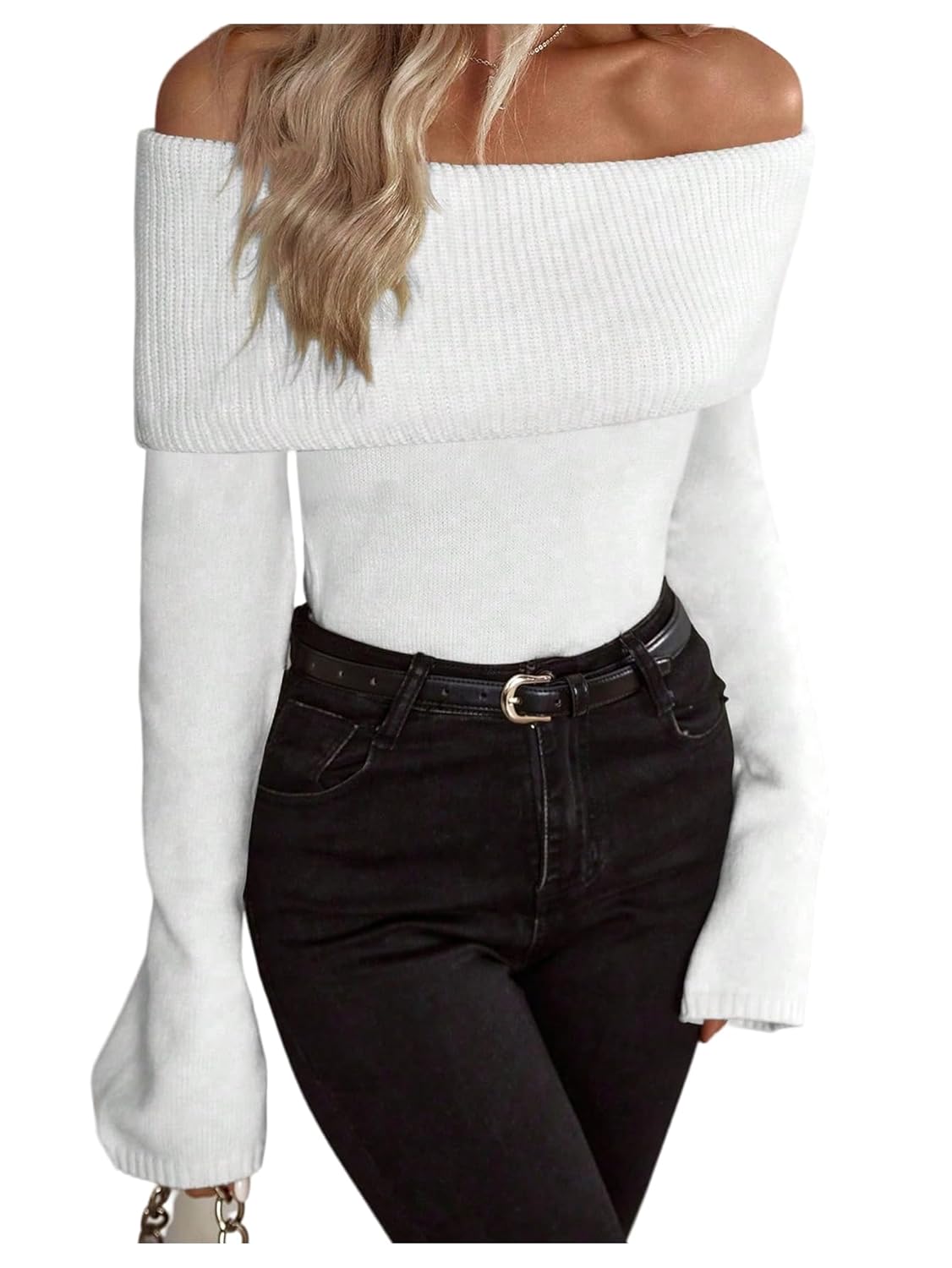 GORGLITTER Womens Off The Shoulder Sweater Long Sleeve Ribbed Knit Pullover Top Trendy Fall Outfits 2025