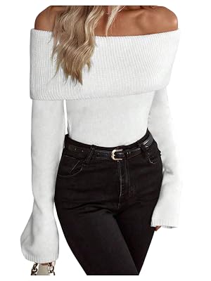 GORGLITTER Womens Off The Shoulder Sweater Long Sleeve Ribbed Knit Pullover Top Trendy Fall Outfits 2025