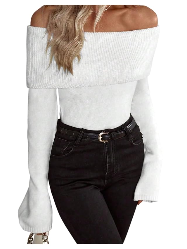 GORGLITTER Womens Off The Shoulder Sweater Long Sleeve Ribbed Knit Pullover Top Trendy Fall Outfits 2025