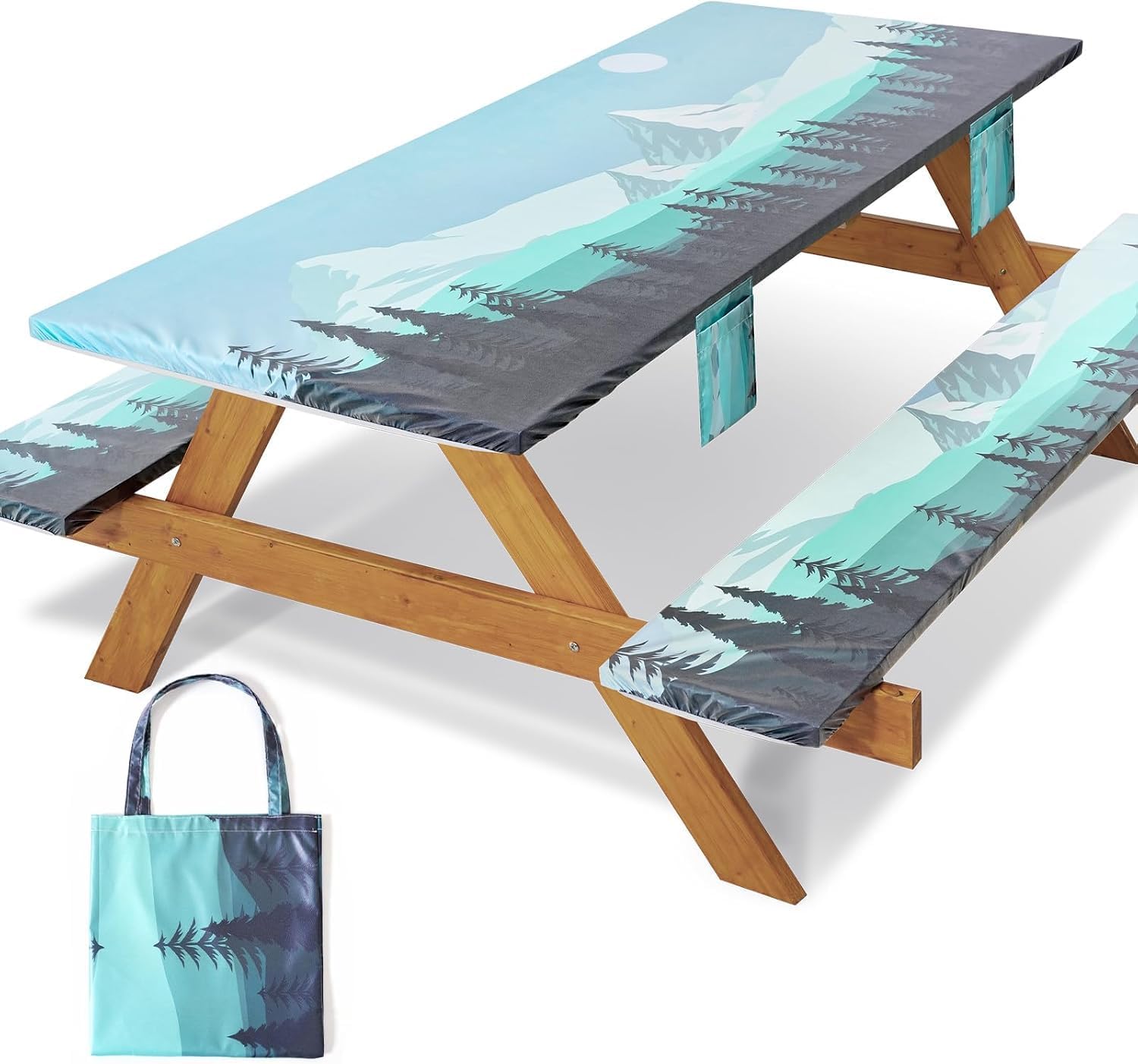 Jobunai Fitted Picnic Table Cover with Bench Covers Elastic Water Proof Outdoor Camping Tablecloth for 8 Foot Rectangle Tables Roadtrip Summer Organization Rv Car Essential Holiday Gifts for Campers