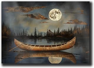 Great Outdoors Nature Lake Moon Boat Print poster Print, Unique Rustic Wall Art, Lakehouse Decor, Framed Or Unframed, Modern Art, poster