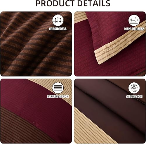 Miniatura 5 de Juego de edredón rojo y marrón, tamaño Queen, juego de edredón bohemio a rayas burdeos de 7 piezas en una bolsa, juego de cama de microfibra suave