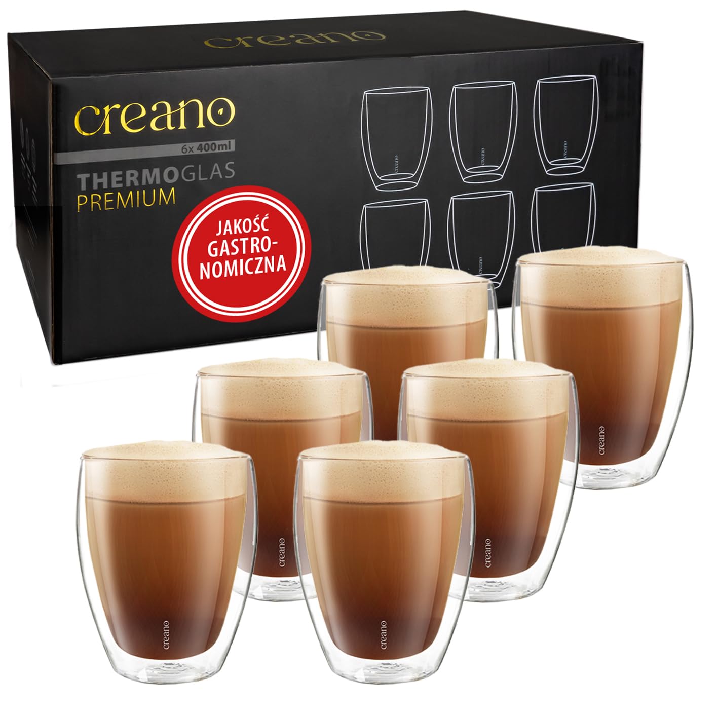 Creano PREMIUM Szklanki Dwuścienne 400 ml – Zestaw 6 szt. – ŚWIATOWA NOWOŚĆ | W 100% przystosowane do mycia w zmywarce dzięki uszczelnieniu GastroSeal – jakość dla gastronomii – szkło dwuścienne