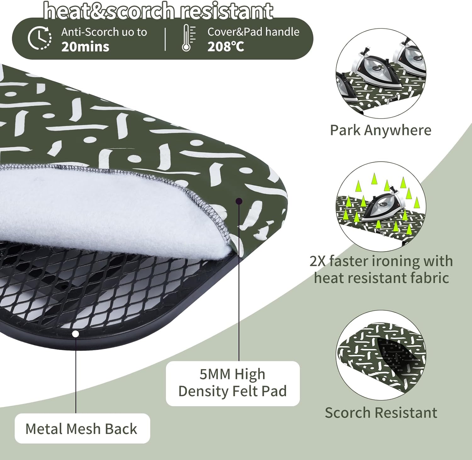 Wall-Mounted Steel Farme Folding Ironing Board, 36.5 x 12 inches, 180° Rotating, Space-Saving Design (Geometric Green, Without Cabinet)