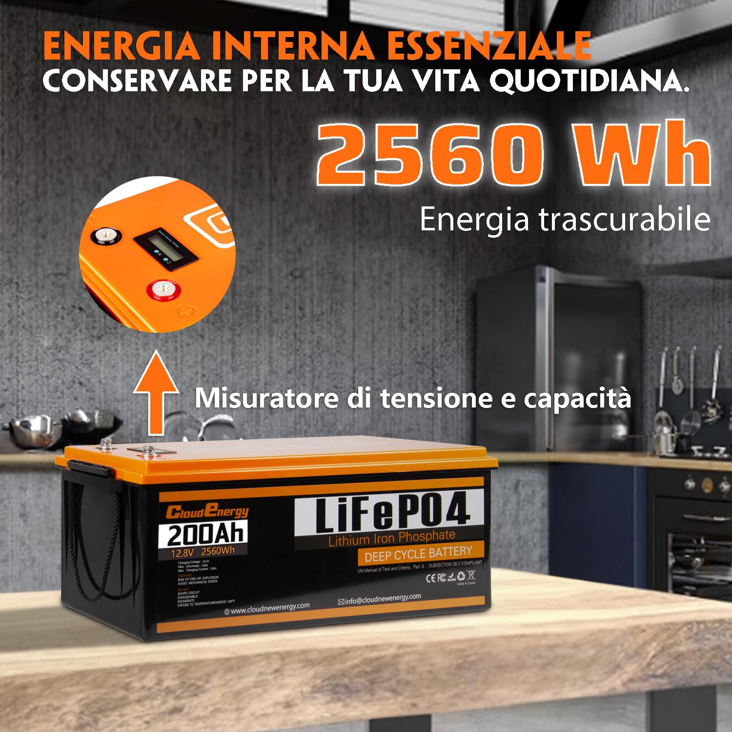 Batteria al litio Cloudenergy 12V LiFePO4 200Ah con durata di oltre 10 anni, oltre 6000 cicli, potenza 2560Wh. IP65, ideale per applicazioni marine, solari e RV.